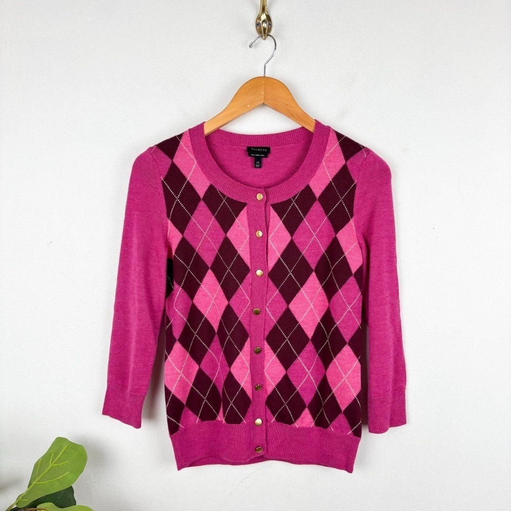 NWOT Talbots Pink Argyle Print Pure Merino Wool Cardigan Sz XS